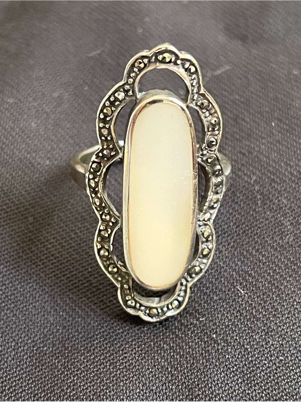Vintage Sterling Silver, Marcasite and polished Mother of Pearl Ring